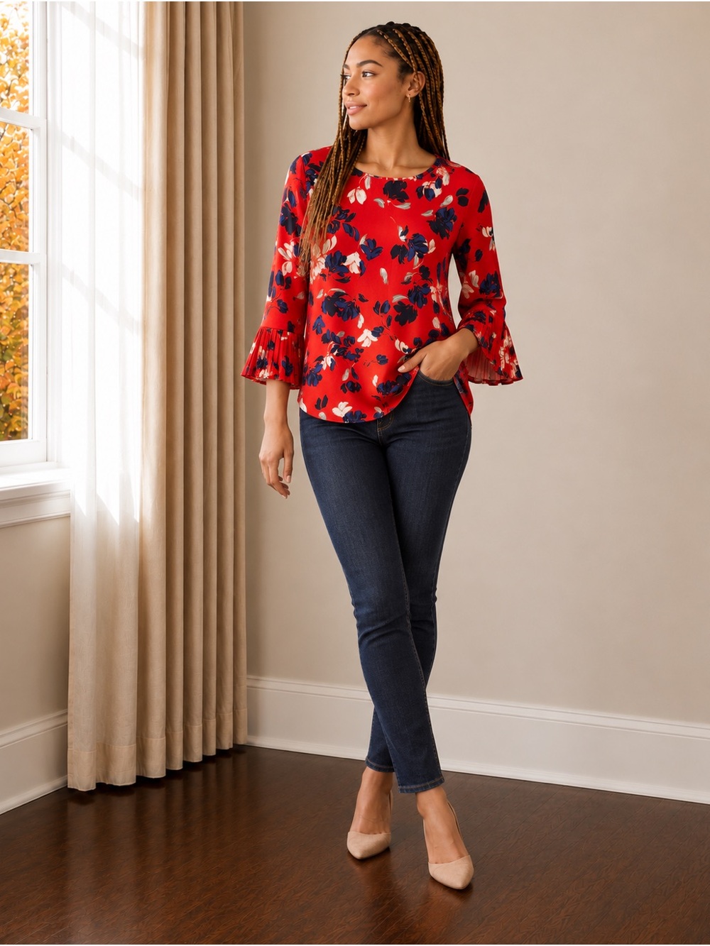 Banana Republic Red Floral Bell-Sleeve Blouse